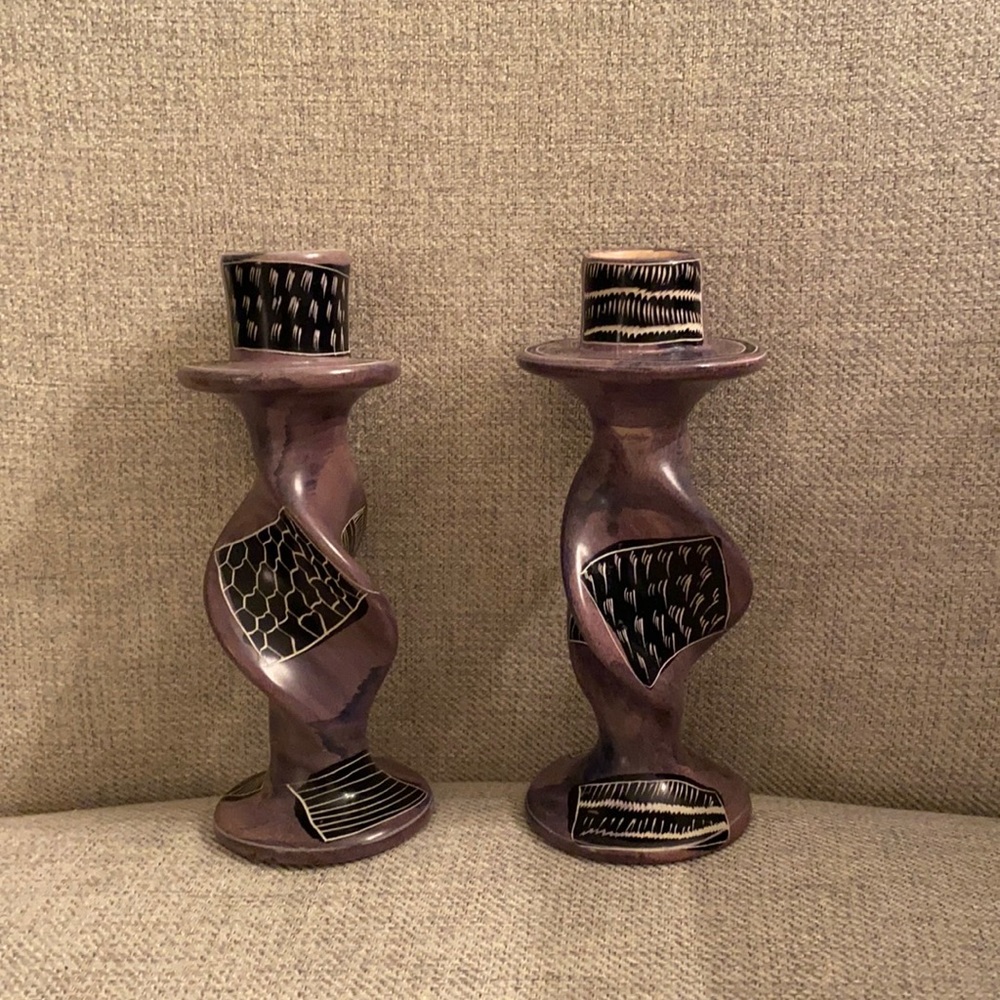 Soapstone twist pair of candlesticks hand carved with African prints